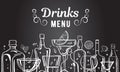 Vector outline hand drawn illustration with alcohol bottles and glasses with drinks on blackboard background Royalty Free Stock Photo